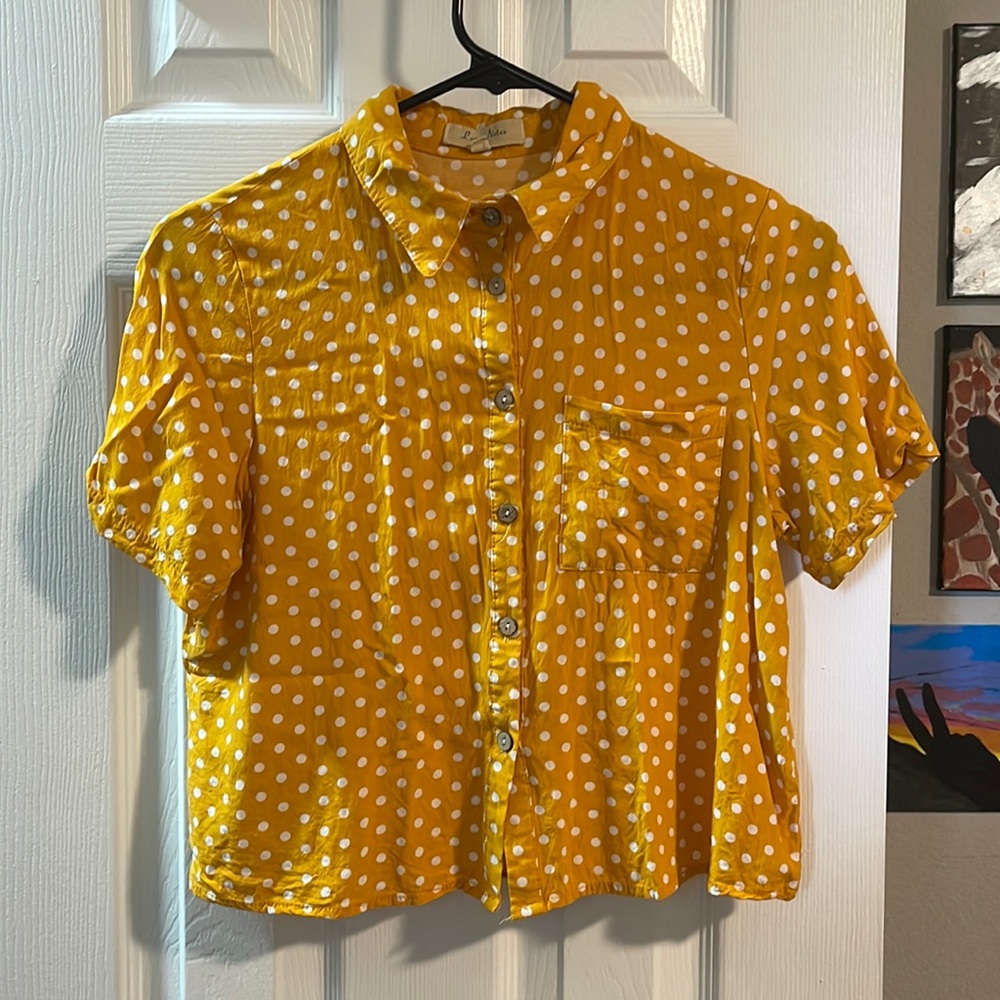 Cropped yellow button up with white polka dots